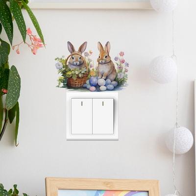 Cute Bunny with Floral Basket Light Switch Stickers Whimsical Green Leaf Wall Decals for Living Room and Hallway Decor