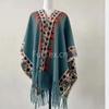 Elegant Ethnic Ink Painting Cape Shawl with Tassels - Versatile Travel Scarf Cloak