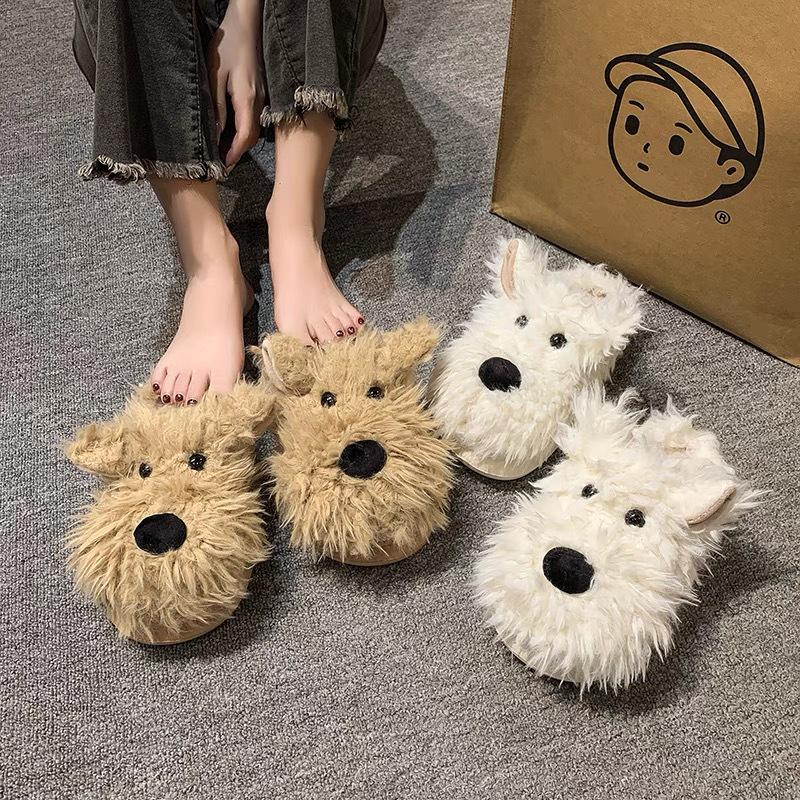 Women's Cute Little Dog Cotton Slippers - Plush, Non-slip, Warm Indoor Footwear for Autumn/Winter