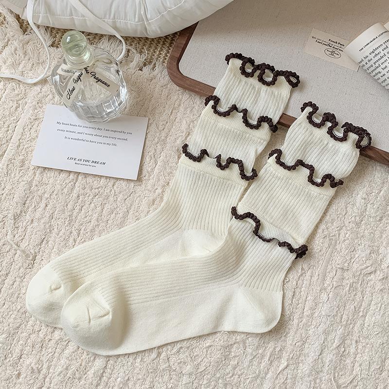 Women's Spring and Autumn Black Fungus Lace Boneless Mid Tube Pile Socks