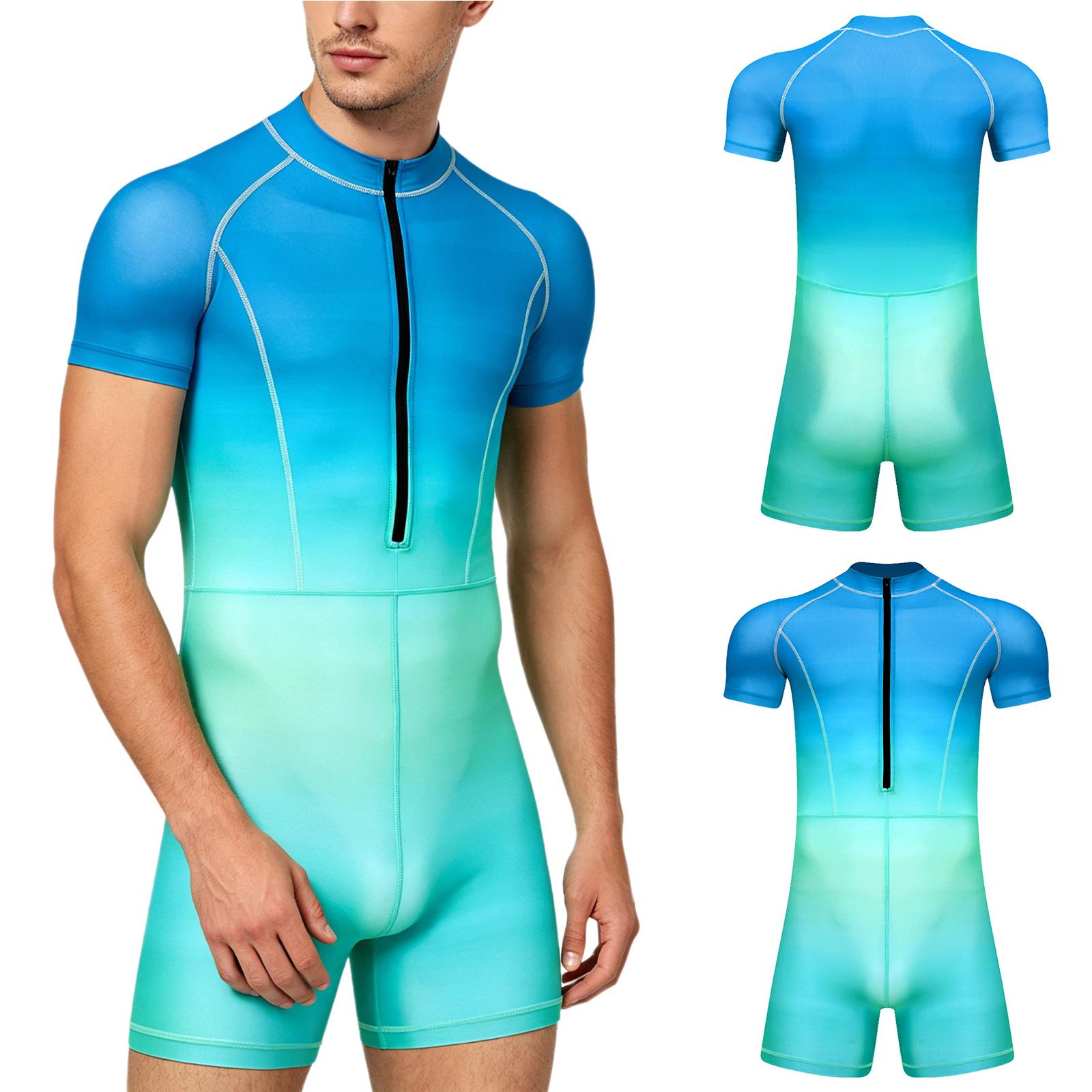 Herren Einteiler Badeanzug Farbverlauf S-3XL Kurzarm Reißverschluss vorne Boyshorts Rash Guard Jumpsuit zum Surfen Schwimmen Tauchen M blau