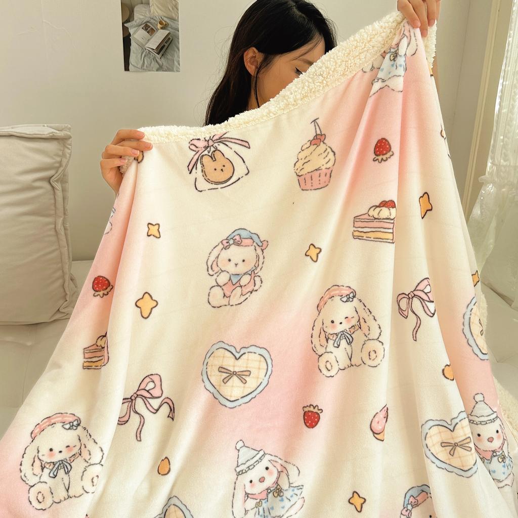 Cartoon Puppy Faux Lambs Wool Blanket Double Layer Thick Warm Fleece Throw Blanket for Sofa Bed Spring Autumn Soft Plush Blanket