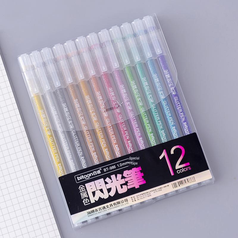 

Baitong 986 Metallic Gel Glitter Pen Set - 12 Colors for Drawing, Marking, Bullet Journals, and Children s Coloring
