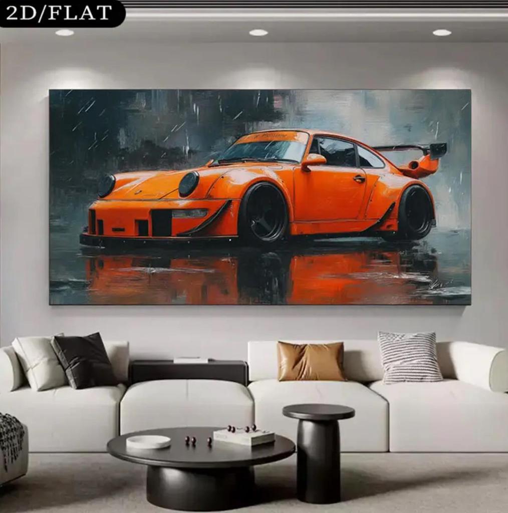 Sports Car Racing Wall Art: Oil Canvas Painting with Pine Wood Frame for Bedroom or Living Room Sofa Background