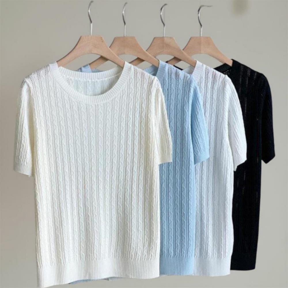 New Arrivals Open Run Women Solid Cable Pattern Round Neck Short Sleeve Knit