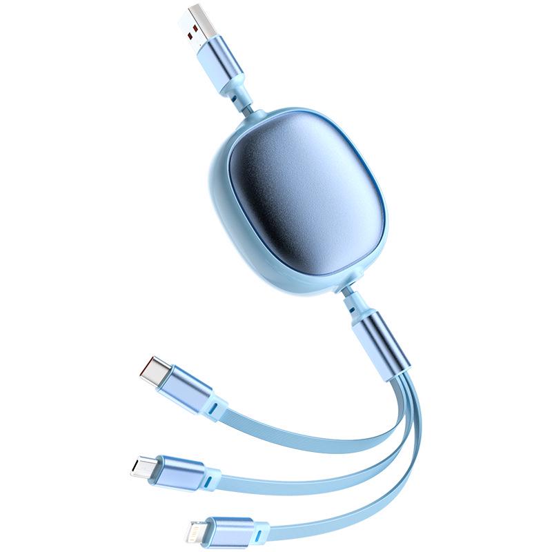 Shun Wang Three-in-One Retractable 120W Fast Charging Cable with Multi-functional Three Heads for Car.