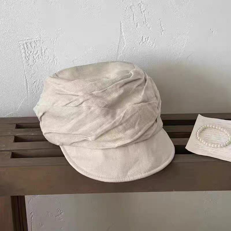 Retro Yamamoto style thin breathable washed linen pleated design octagonal hat temperament show face small equestrian hat