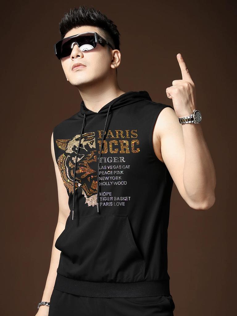 Summer Thin Men's Outerwear Tiger Rhinestone Hooded Sleeveless T-shirt Vest Fashion Casual Sports Waistcoat Men's Clothing