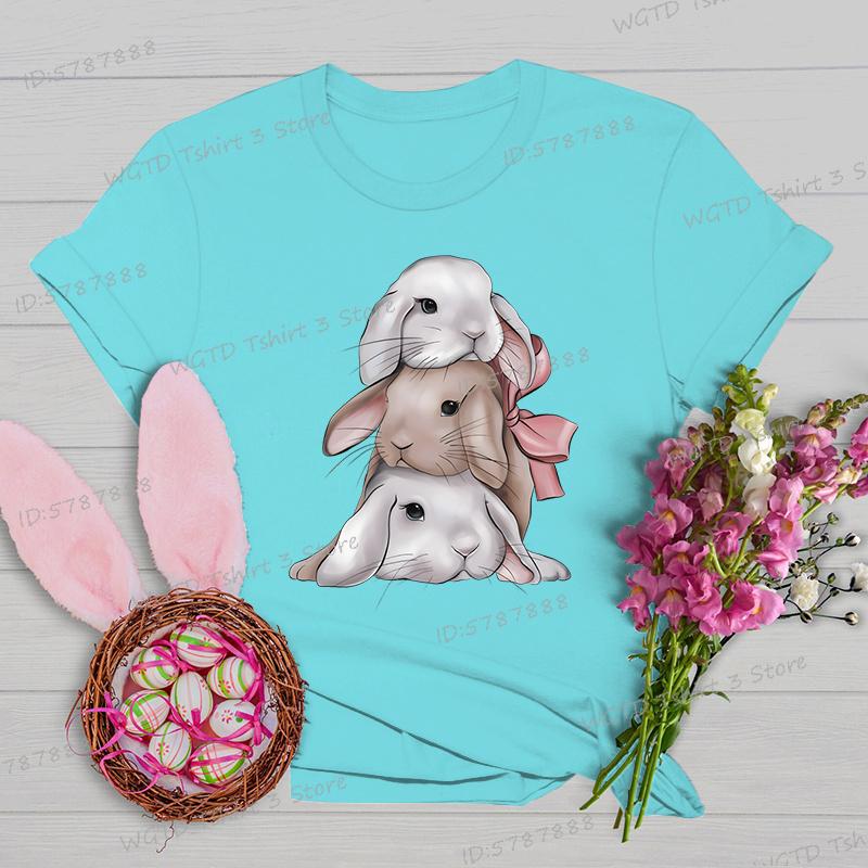 Easter Rabbit Shirts and Blouses Women Gift for Christian Crew Neck Short Sleeve Tshirt Cute Animal Bunny Easter Cartoon Tshirt