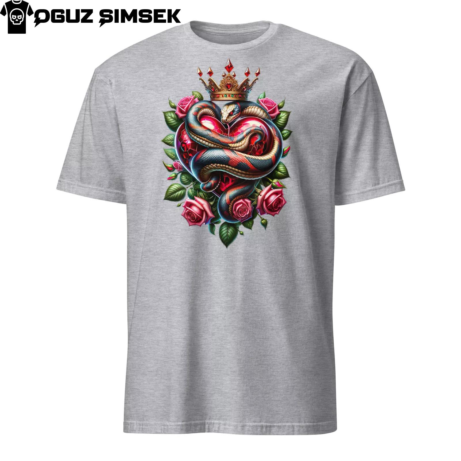 Snake Wrapped Around Heart with Roses and Golden Crown Unisex T-Shirt Mens Womens Tees Top S
