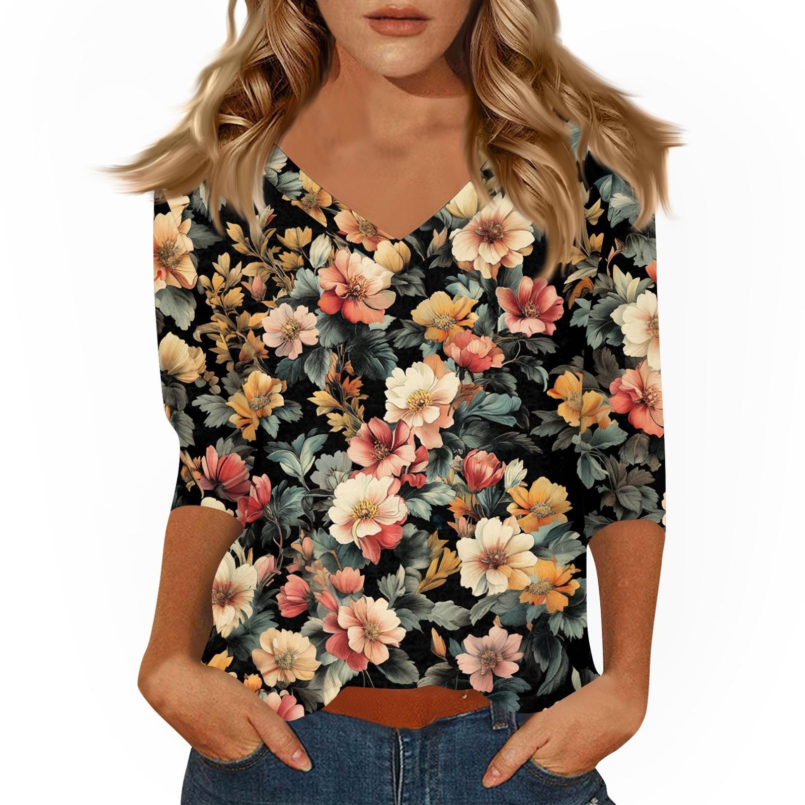 

Женские топы Рубашка с рукавом три четверти V-образный вырез Свободная повседневная рубашка Футболка с принтом XL верблюд