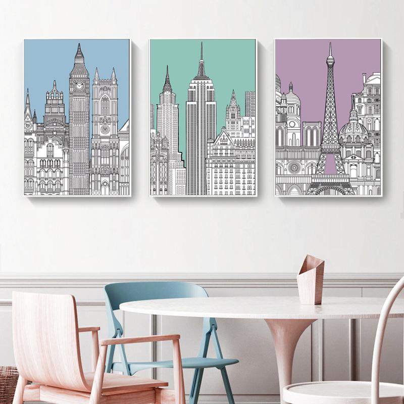 European Style Simple Decorative Canvas Painting Lines Cartoon Building Hotel Apartment Living Room Hanging Painting Wall Art