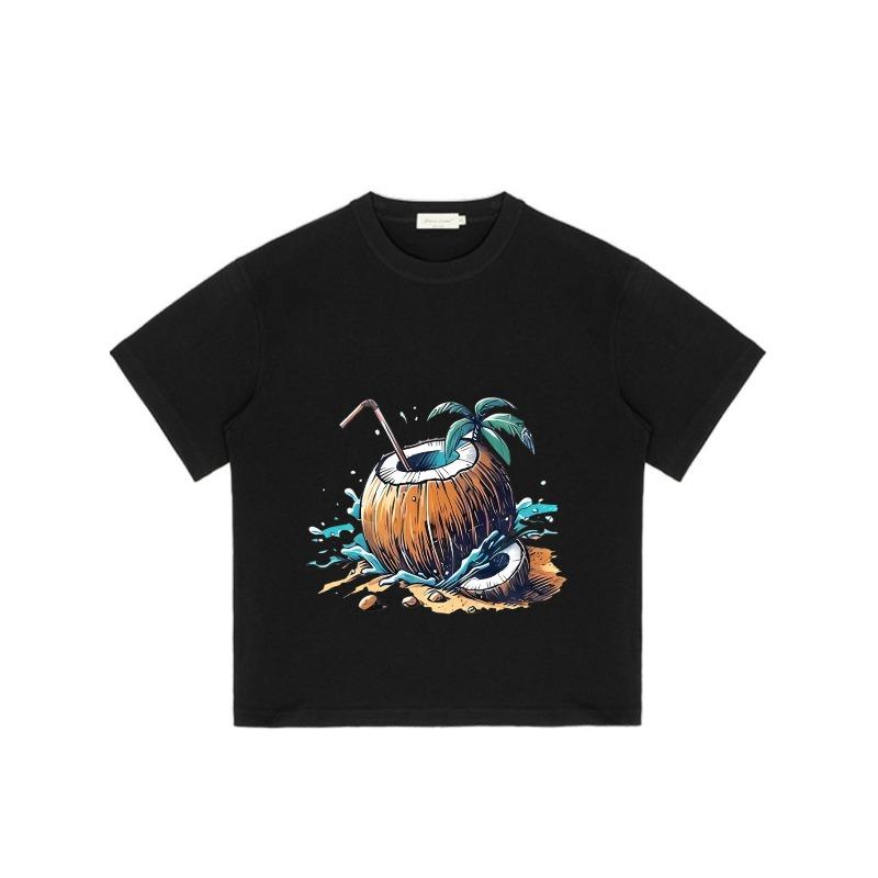 Rundhalsshirt Schwarz Kokosnuss-Cocktail mit Palme und Strohhalm Sommer Strandurlaub Kleidung