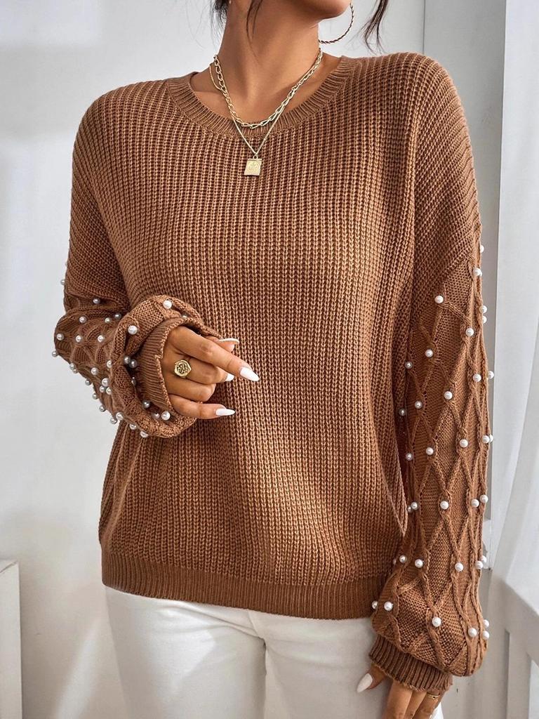2025 Women's Winter Beaded Round-Neck Sweater - European & American Drop Shoulder Knit Pullover