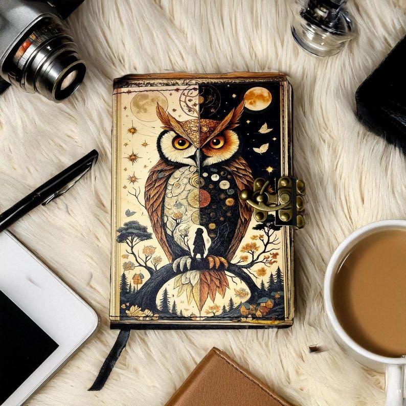 Handmade Leather Owl Journal with Lock – Vintage Refillable Diary, Gift for Writers