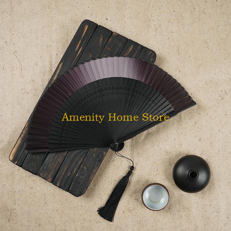 F26C Handmade Silk Bamboo Fan with Hollowed out Fan Bone for Home Household Decoration Accessory Supplies