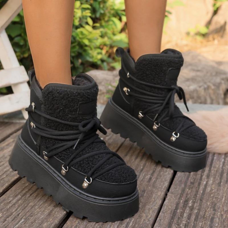 Winter new thick-soled velvet lace-up snow boots for women, large size warm towel, short boots, cotton shoes for women