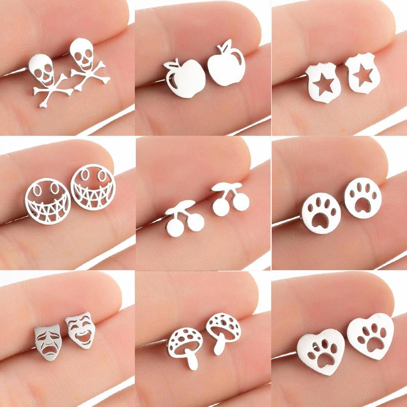 Halloween Cherry Studs, Mushroom Earrings & Hollow Bear Paw Heart Ear Cuff - Stainless Steel Jewelry