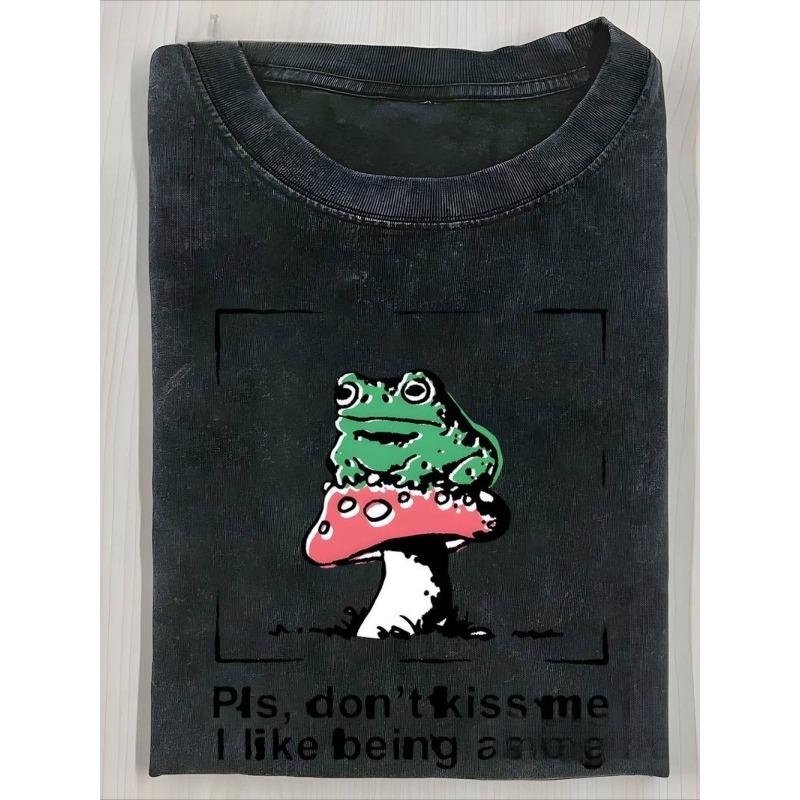European Size Men'S Washed Short Sleeve T-Shirt | Frog & Mushroom Funny Text Print, Vintage Distressed Trendy Top, High-Quality Fashion Soft Comfort