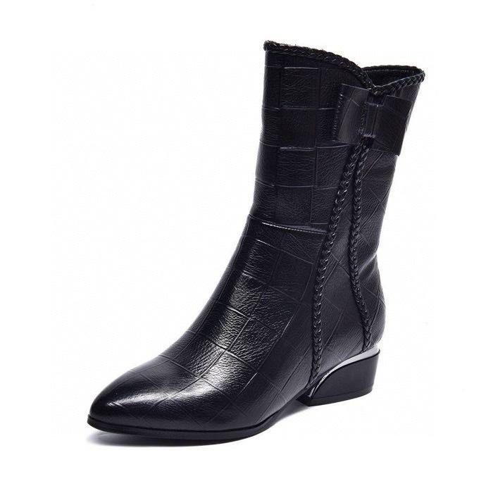Pointed fashion short boots women's autumn and winter new black bow embossed cowhide side zipper medium boots