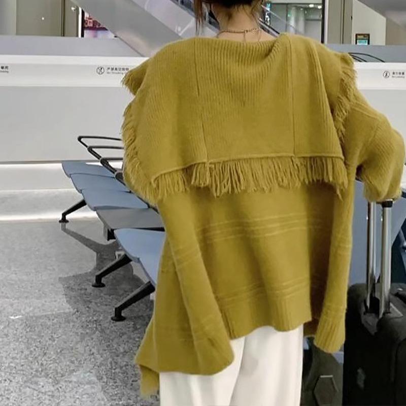 Design Sense Navy Collar Tassel Sweater Cardigan Women's Autumn and Winter Loose Lazy Skinny Knitted Fashion Jacket Tide