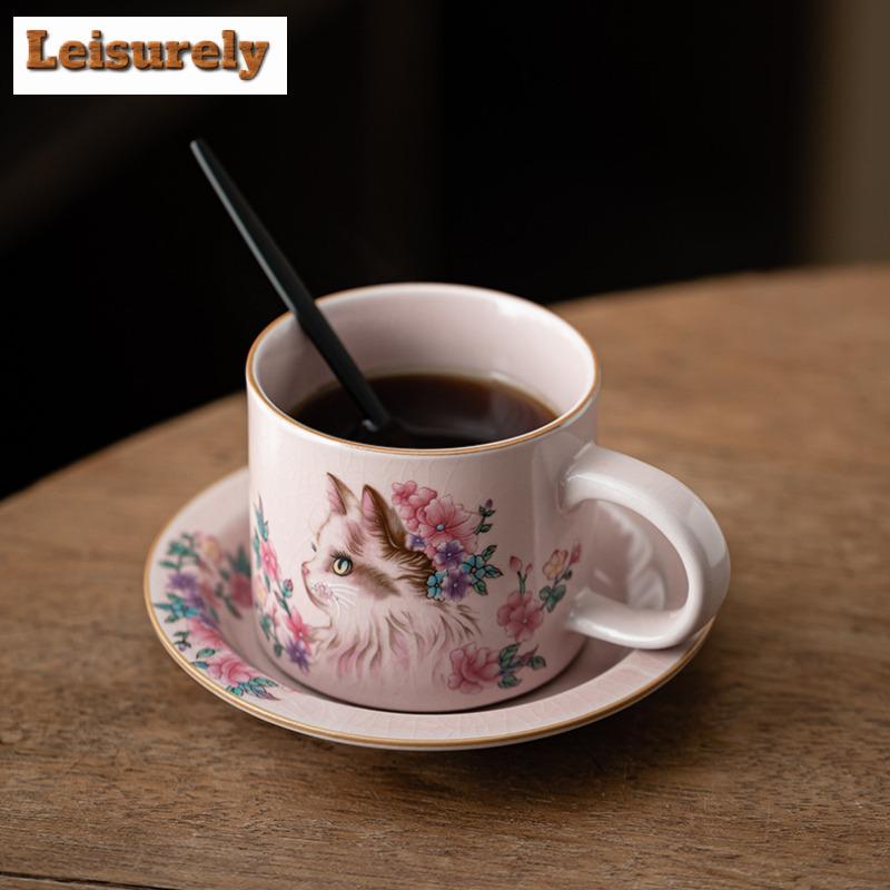 150ml Pink Ru Kiln Flower Cat Coffee Mug With Plate Beer Cup Afternoon Tea Mug Household Cup Saucer Kit Teaware Decoration Gift