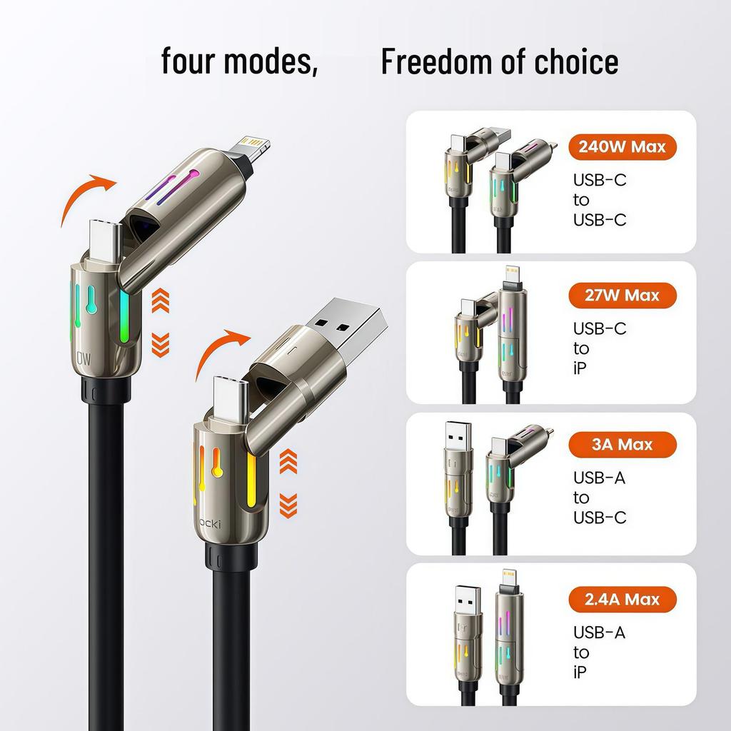 PD3.1 4-in-1 6A Fast Charging Cable with Dual-Light, Compatible with Apple, Type-C, Huawei, and Car Chargers.