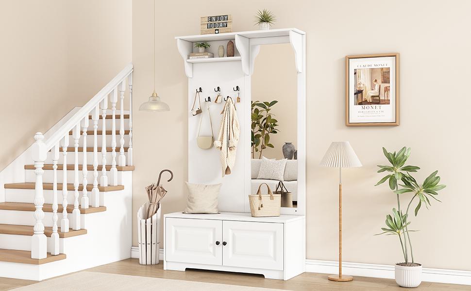 100*40*180cm Hallway Wardrobe with Mirror, 5 Coat Hooks, 2 Cabinets and Shelf, Hallway Coat Stand Clothes Rack with Shoe Cabinet, White