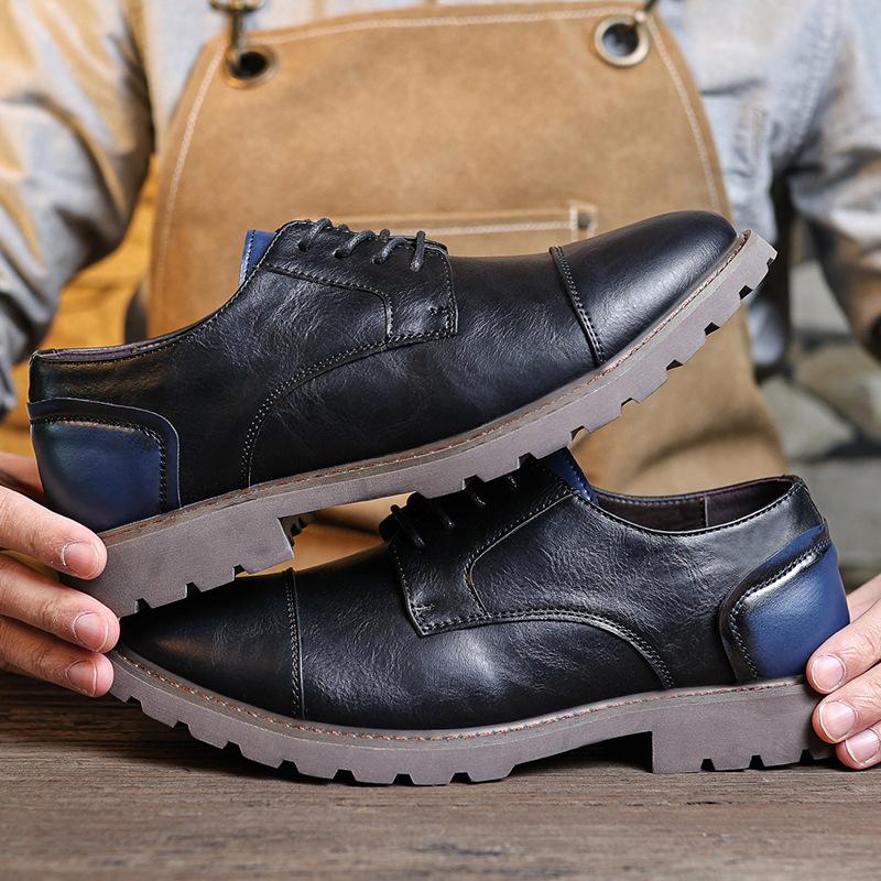 Fashion Mens Round Toe Derby Shoes Low-Cut British Style Vintage PU Leather Boots Lace-Up Business Casual Comfortable Versatile Footwear
