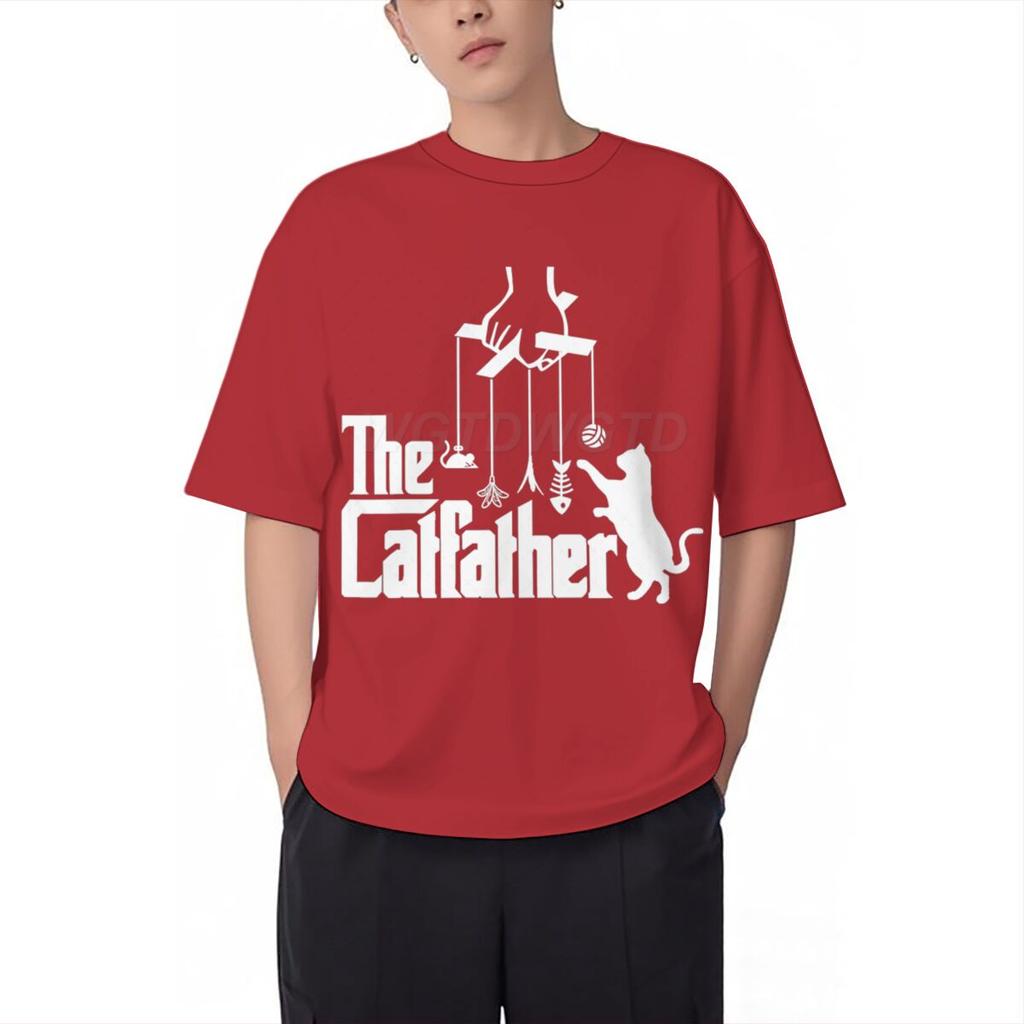 Vintage The Catfather Print T Shirt Men Fun Animal Cat Streetwear Short Sleeve Crewneck 100 Cotton Tshirts Fashion Kitten Tees