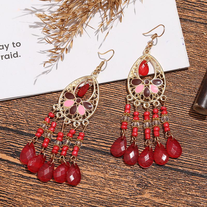 Bohemian Crystal Tassel Earrings - Ethnic Style, Slim Face, Exaggerated Design for Travel