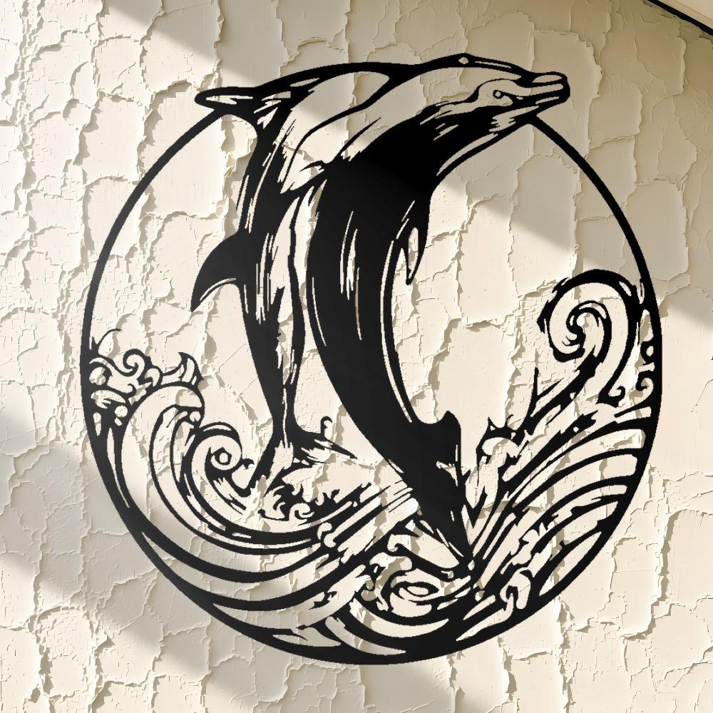 2D Laser Cut Dolphin Wave Iron Wall Art, Large Black Metal Decor for Living Room Bedroom, 1pc