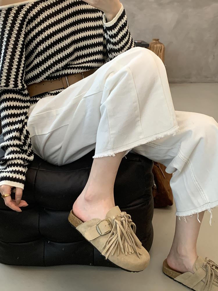 Fashion Genuine Leather Tassel Baotou Half Slippers Women Clogs Cork Insole Sandals With Arch Support Outdoor Beach Slides Home Shoes