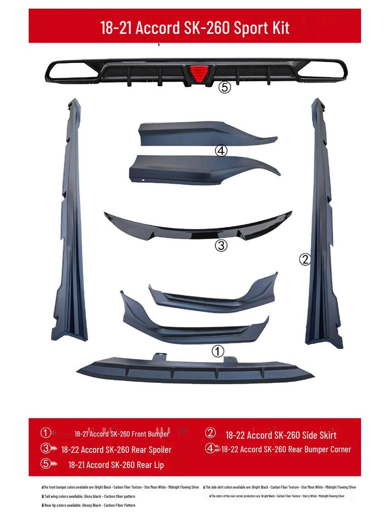 18-21 Accord Inspire SK-260 Kit: Front Lip, Rear Spoiler, Side Skirts, Rear Diffuser.