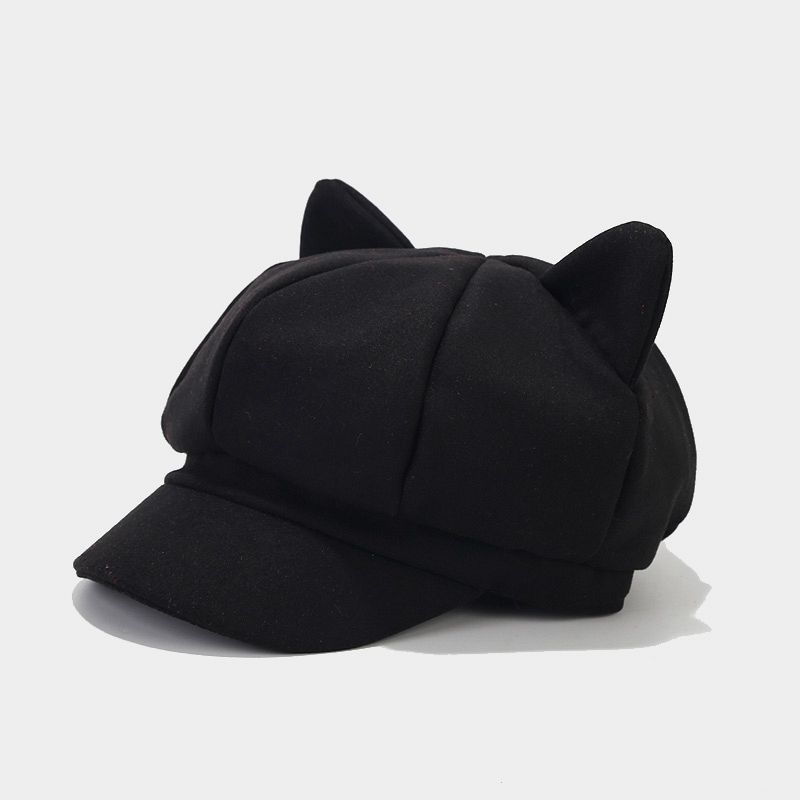 Cat Ear Hat For Women Autumn Winter Wool Blend Retro Octagon Cap With Sun Protection