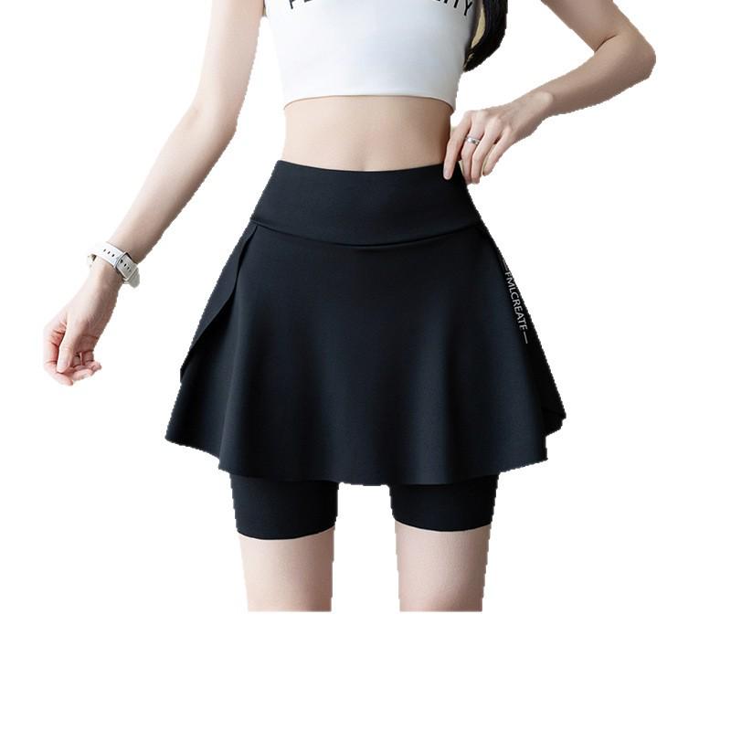 Women's Two-Piece Leggings with High-Waisted Skirt - Anti-Exposure, Color Block Yoga Shark Design