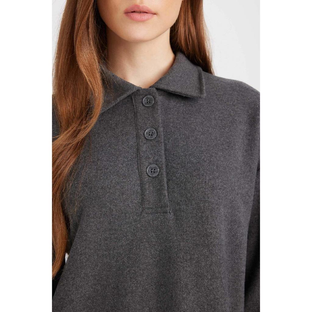 Regular Fit Buttoned Shirt Collar Basic Plain Long Sleeve Selanik Fabric Knitwear Dress B7260ax24wn