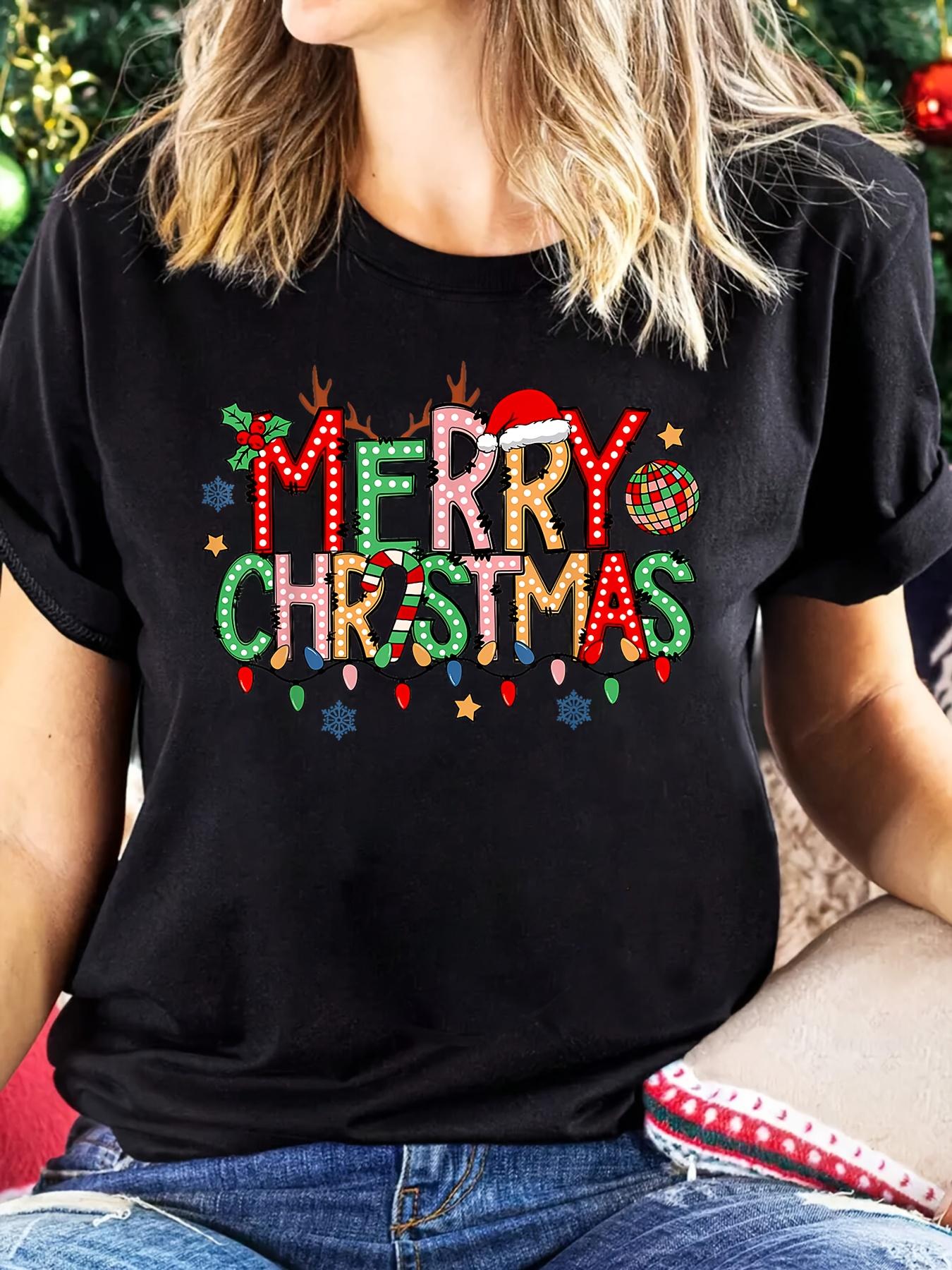 Womens Christmas Family Print TShirt Sleeve Crew Neck Casual with Festive Merry Christmas Lettering Holiday Motifs S