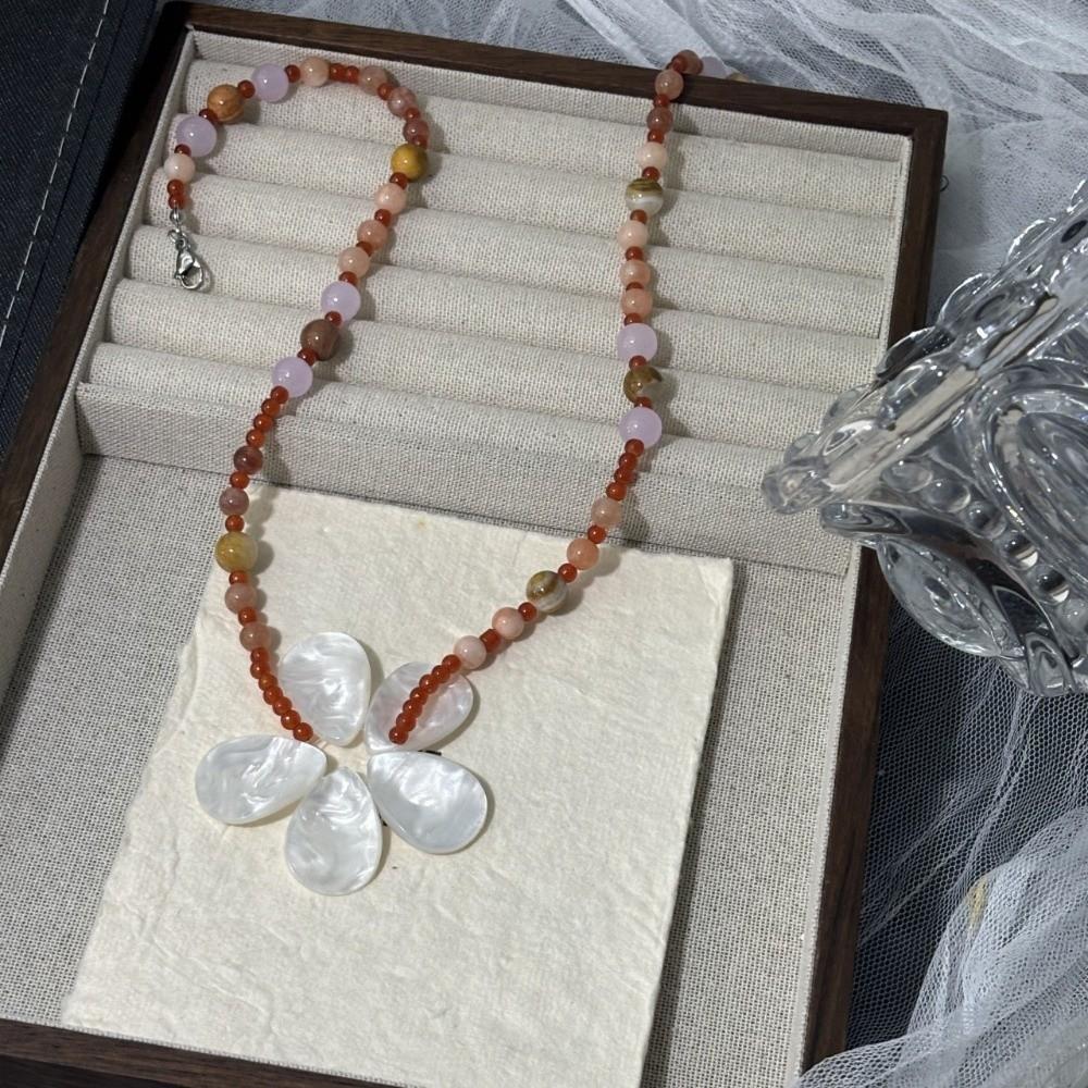 Beaded Shell Flower Necklace Boho Ocean Style Neck Chain Stone Pendant Necklace  Girls