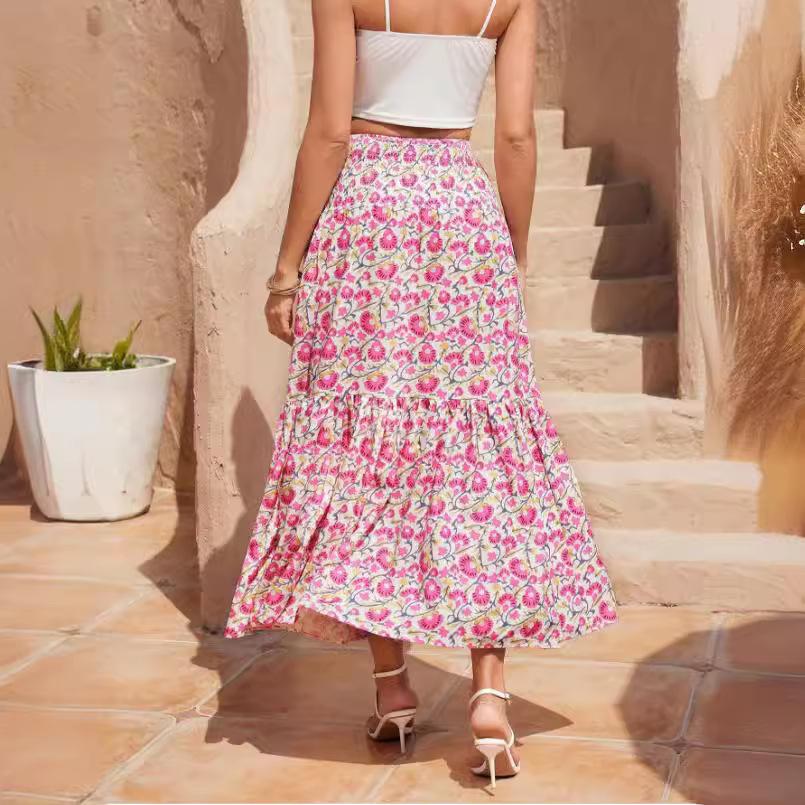 Kadınlar için Boho Çiçek Desenli Uzun Etek Yazlık Elastik Yüksek Bel Fırfırlı Maksi Etek Moda Plaj Tatili Eteği Nefes Alabilen Hafif Etek
