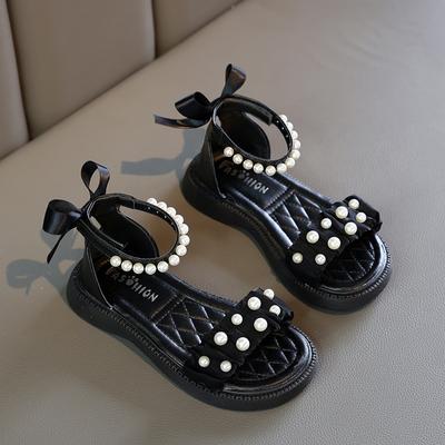 2024 Kids Sandals for Girls Summer Children Pearl Sandals Fashion Causal Princess Beach Flat Roman Sandals Black White Versatile