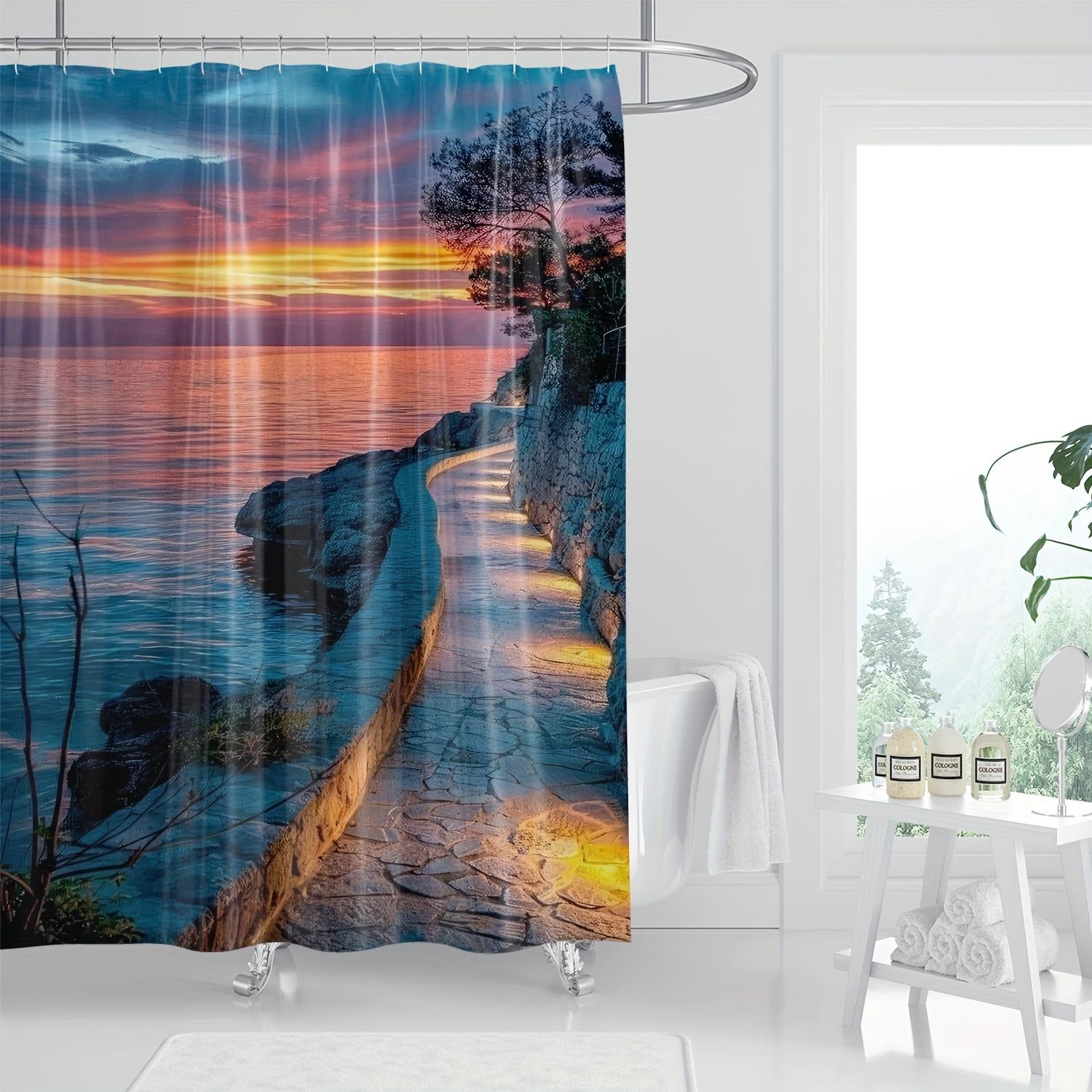 

Sunset Seascape Shower Curtain, Vibrant Coastal Art Print, Polyester Bath Decor, Hooks Included, Beach-Themed Bathroom W60H190(CM)-1 Pcs