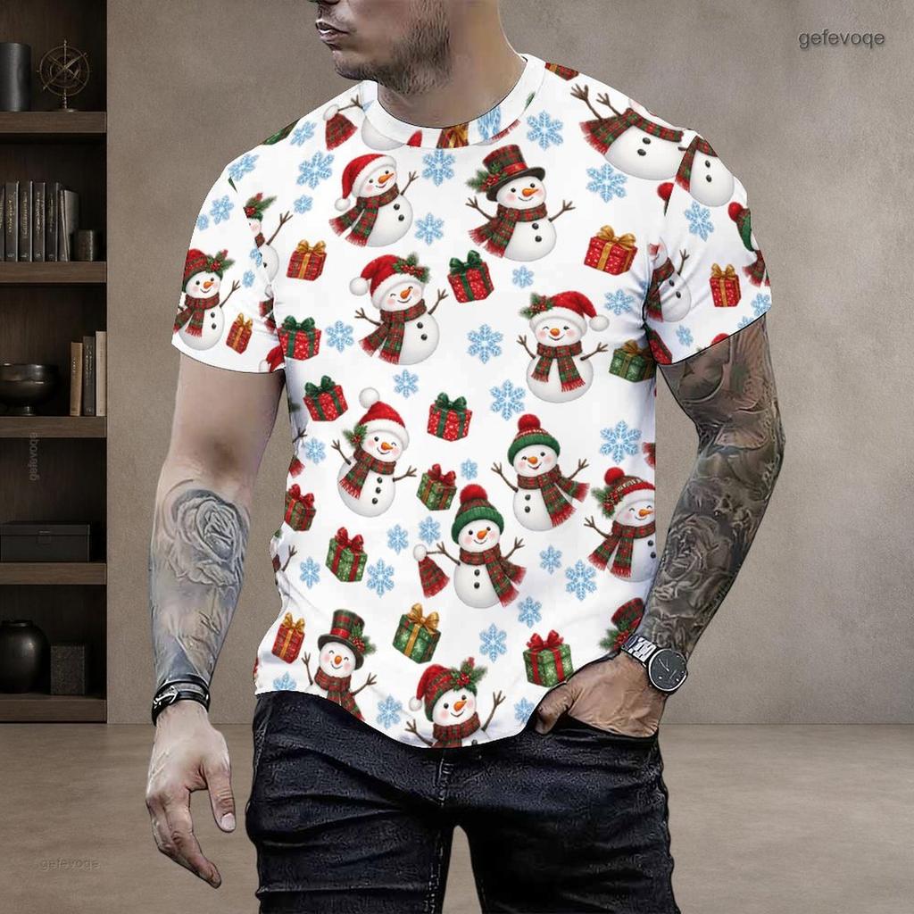 Men Plus Size Round Neck Short Sleeve T Shirt Christmas Teddy Bear Printed White Pullover