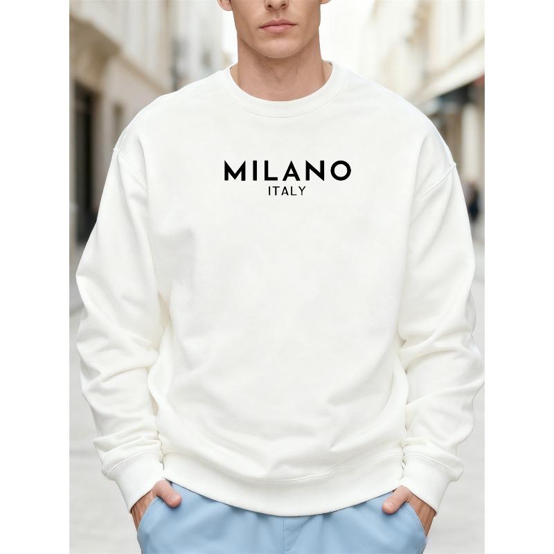 Felpa Bianca Oversize da Uomo Milano Italia Logo Stampa Testuale Design Simile a Marca 100% Cotone Manica Lunga Girocollo Pullover Stampato