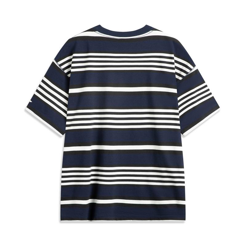 Li Ning CF Striped Comfortable Temperature Control Antibacterial Short Sleeve T-Shirt Men Tops Deep-Iris-Blue ATSV181-2