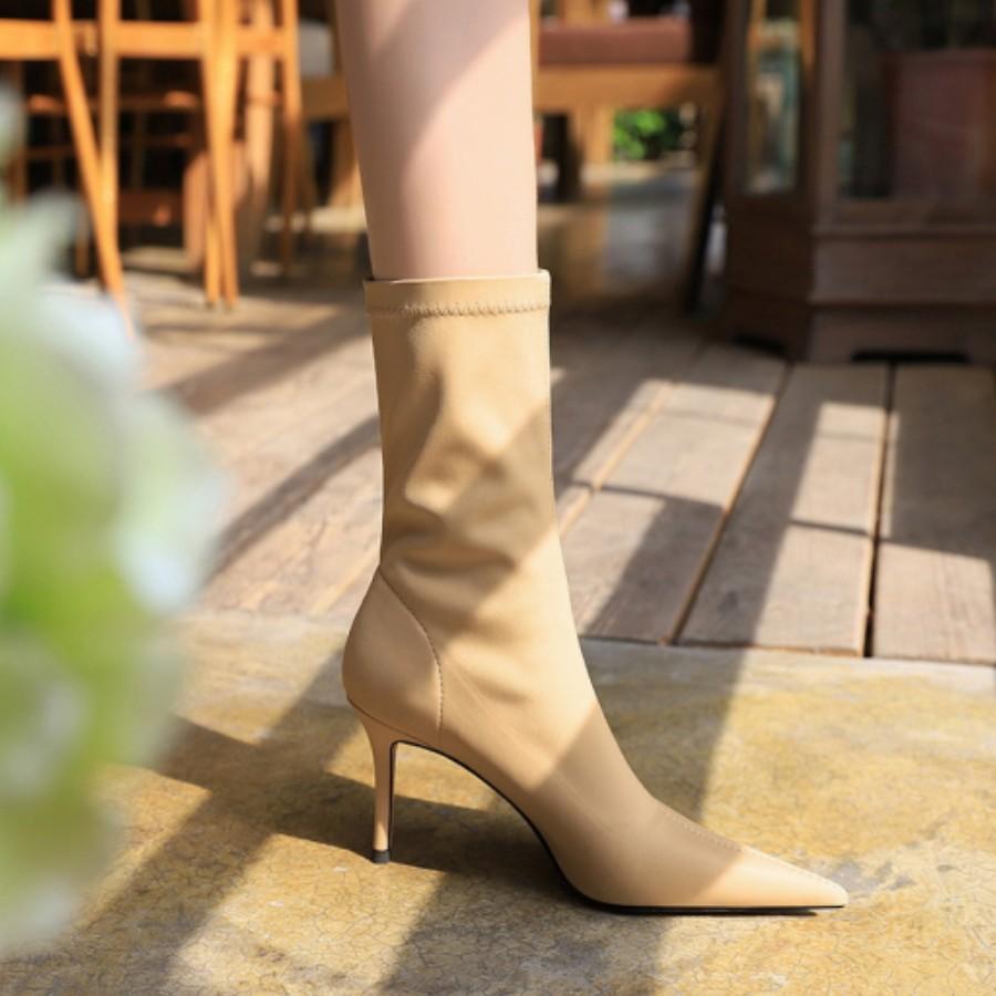 

Женские модные простые сапоги на тонком каблуке в европейском и американском стиле, эластичные короткие сапоги с острым носком на высоком каблуке 36