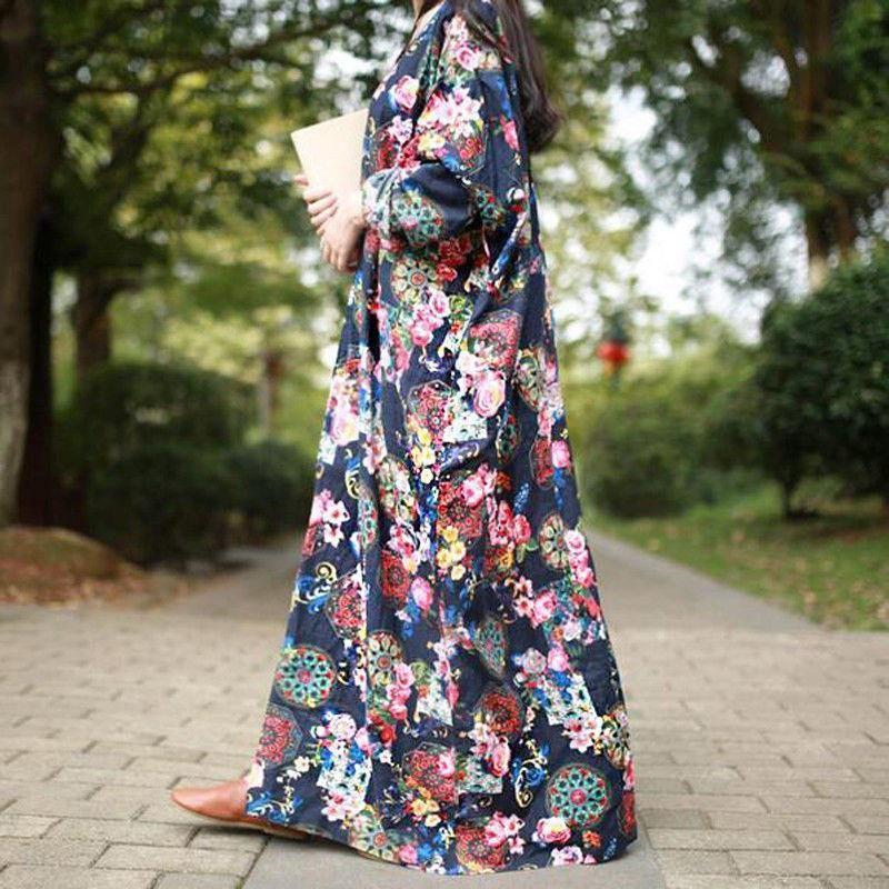 Women Vintage Casual Floral Printed Loose Dress Kaftan Long Maxi Shirt With Timeless Design
