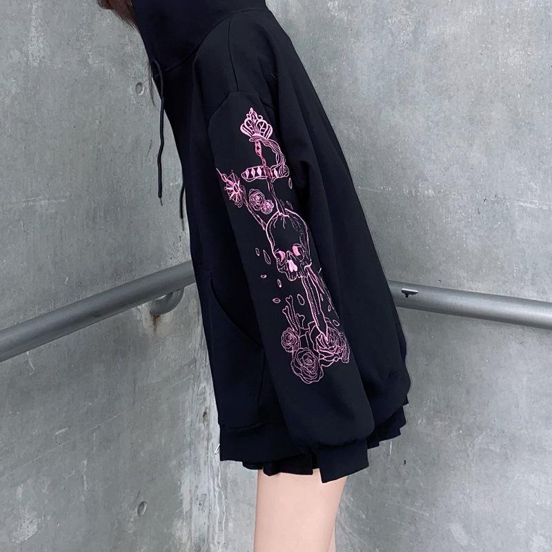 Retro Black Printed Zipper Hoodie: Women's Korean, European, & American Style Sweatshirt