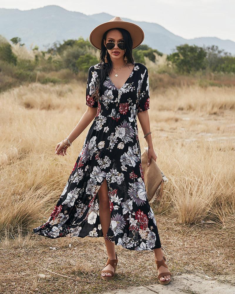 2023 Summer New Sexy Printed Bohemian Dress with Waistline Slimming Women's Clothing
