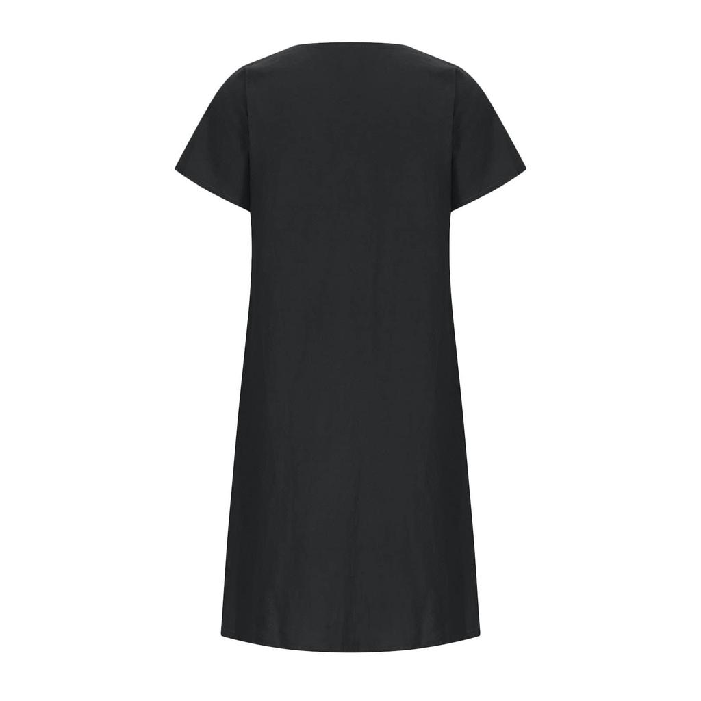 Letnie Sukienki Damskie Bawełniano-Lniana Sukienka Damska Falbanka Dekolt V Sukienka T-shirt Luźny Krótki Rękaw Sukienka